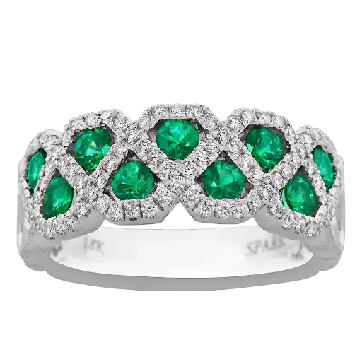 [R6371-EM] 18Kt White Gold Band With (9) Round Emeralds Weighing 0.72ct And (82) Round Diamonds Weighing 0.38ct