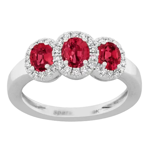 [R5732-R] 18Kt White Gold Halo Style Ring With (3) Oval Rubies Weighing 1.20ct And (38) Round Diamonds Weighing 0.24ct