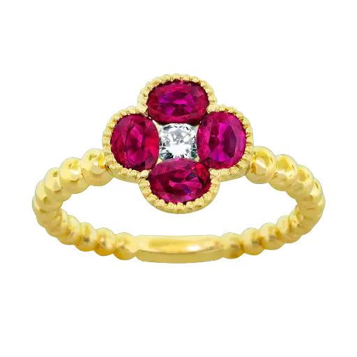 [R6339-R] 18Kt Yellow Gold Flower Ring With (4) Oval Rubies Weighing 1.40ct And (1) Round Diamond Weighing 0.12ct