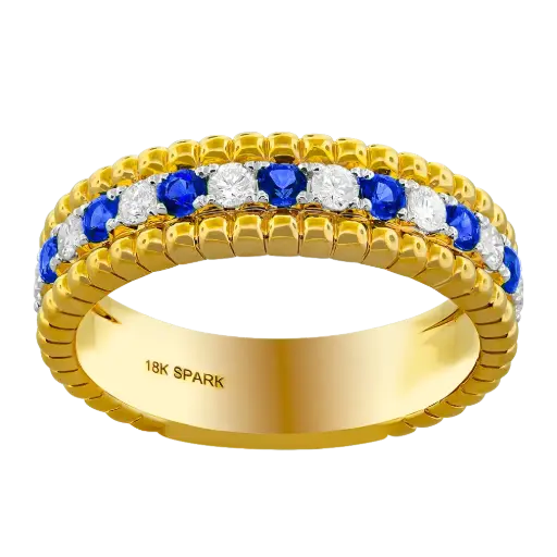 [R6720-S] 18Kt Yellow Gold Milgrain Band With (7) Round Sapphires Weighing 0.35ct And (8) Round Diamonds Weighing 0.28ct