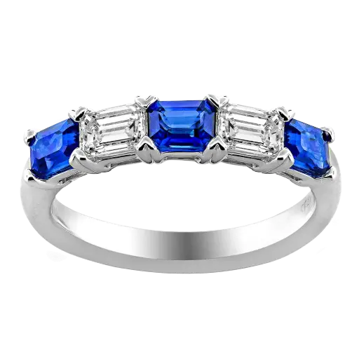 [R6716-S] 18Kt White Gold Band With (3) Emerald Cut Sapphires Weighing 0.75ct And (2) Emerald Cut Diamonds Weighing 0.46ct