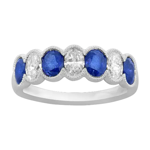 [R6536-S] 18Kt White Gold Milgrain Bezel Band With (4) Oval Sapphires Weighing 1.40ct And (3) Oval Diamonds Weighing 0.60ct
