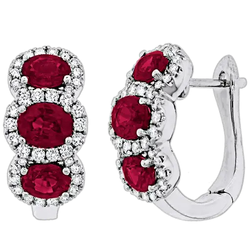 [E5732-R] 18Kt White Gold Drop Earrings With (6) Oval Rubies Weighing 2.40ct And (38) Round Diamonds Weighing 0.50ct