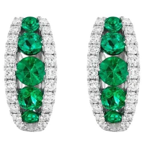 [E5596-EM] 18Kt White Gold Drop Earrings With (10) Round Emeralds Weighing 0.88ct And (48) Round Diamonds Weighing 0.44ct