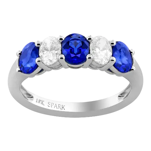 [R6703-S] 18Kt White Gold Ring With (3) Oval Sapphires Weighing 1.50ct And (2) Oval Diamonds Weighing 0.50ct 