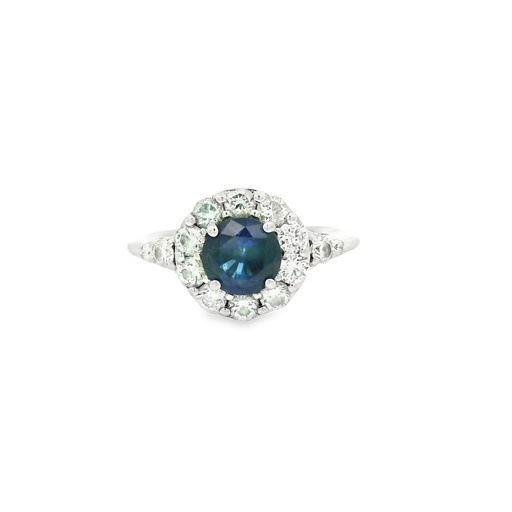 [10752] 14Kt White Gold Halo Style Ring With A Round Sapphire Weighing 0.93ct And (14) Round Diamonds Weighing 0.65ct