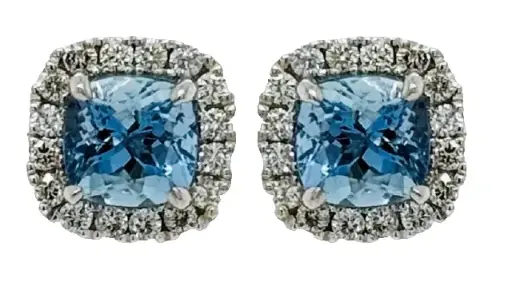 [23538] 14Kt White Gold Halo Style Earrings with (2) Cushion Cut Aquamarines Weighing 2.10ct And (32) Round Diamonds Weighing 0.47ct