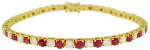 [14073] 18Kt Yellow Gold Line Bracelet With (27) Round Rubies Weighing 3.87ct And (27) Round Diamonds Weighing 3.26ct
