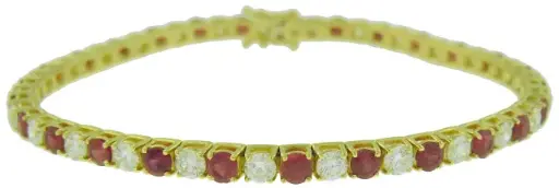 [14073] 18Kt Yellow Gold Line Bracelet With (27) Round Rubies Weighing 3.87ct And (27) Round Diamonds Weighing 3.26ct