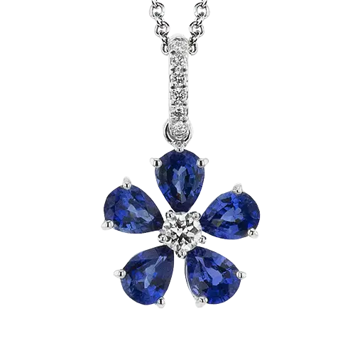 [LP4934] 18Kt White Gold Flower Necklace With (5) Pear Shaped Sapphires Weighing 0.83ct And (7) Round Diamonds Weighing 0.08ct