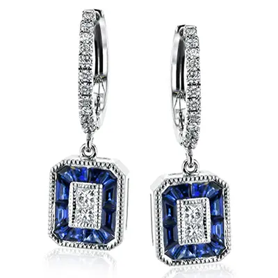 [LE4569] 18Kt White Gold Drop Earrings With (24) Round And (4) Princess Cut Diamonds Weighing 0.34ct, And (24) Baguette Sapphires Weighing 1.01ct