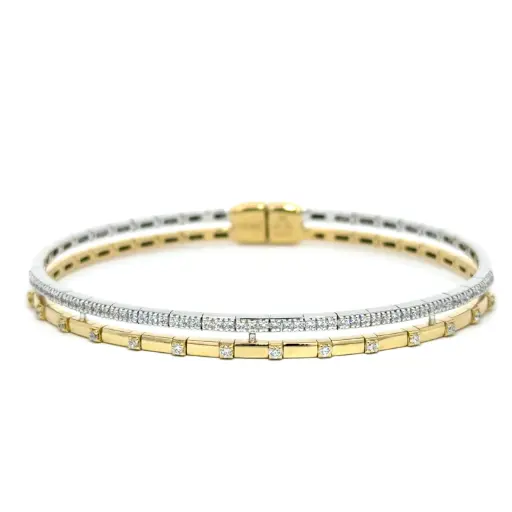 [LB2440-Y] Two Row Magnetic Bangle With (71) Round Diamonds Weighing 0.62cttw In 18Kt Yellow And White Gold