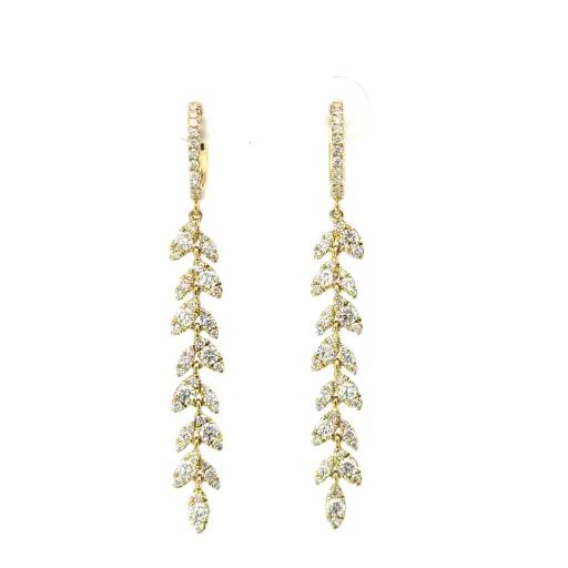 [LE4731-Y] Floral Dangle Earrings With (114) Round Diamonds Weighing 1.44cttw In 18Kt Yellow Gold