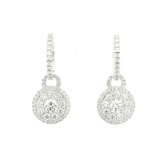 [LP4228] Halo Style Dangle Earrings With (114) Round Diamonds Weighing 1.29cttw In 18Kt White Gold