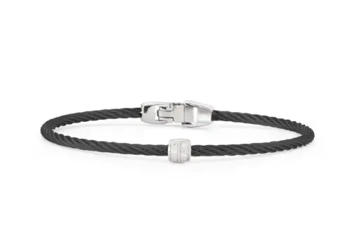 [04-52-0917-11] 18Kt White Gold Black Nautical Cable Single Barrel Station Bracelet With (8) Round Diamonds Weighing 0.07cttw