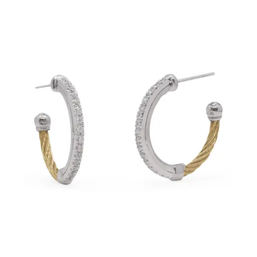 [03-37-2111-11] 18Kt White Gold Yellow Nautical Cable Hoop Earrings With (32) Round Diamonds Weighing 0.30cttw