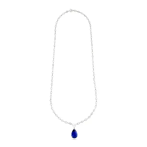 [PPHP40180-P] Platinum Necklace with A Pear Shaped Sapphire Weighing 7.04ct, A Heart Shaped Diamond Weighing 0.85ct, And (68) Round Diamonds Weighing 6.52ct