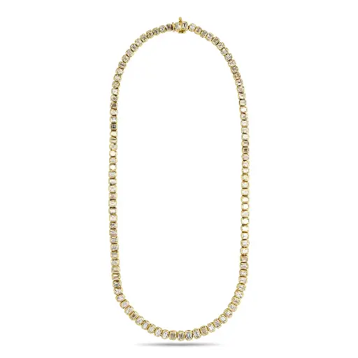 [N81247] 18Kt Yellow Gold Graduated Bezel Necklace With (126) Emerald Cut Diamonds Weighing 17.57cttw