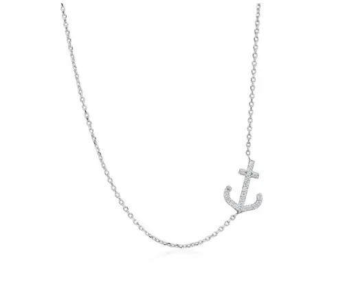 [S12812] 14Kt White Gold Diamond Anchor Necklace 0.08cttw