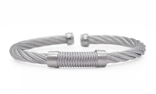 [04-13-0061-00] Stainless Steel Grey Nautical Cable Wrapped Men's Bracelet Sz7