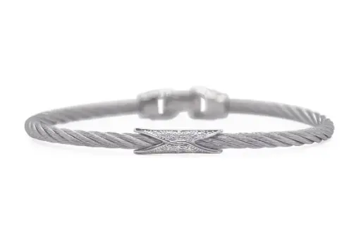 [04-32-3074-11] 18Kt White Gold Grey Nautical Cable 3mm Hourglass Bangle With (14) Round Diamonds Weighing 0.07cttw