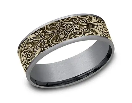 [CFT9775919GTA14KY11] 14Kt Yellow Gold And Tantalum 7.5mm Script Finish Band Sz11