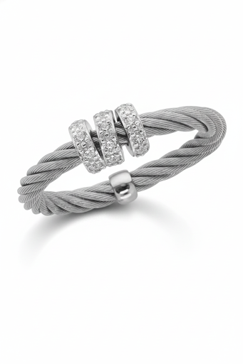 [02-32-3203-11] 14Kt White Gold Grey Nautical Cable Triple Wrapped Diamond Ring 0.17cttw