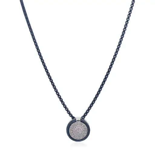 [08-28-9672-11] 14Kt White Gold Blueberry Nautical Cable Necklace With A Pave Disc Of Round Diamonds Weighing 0.18cttw