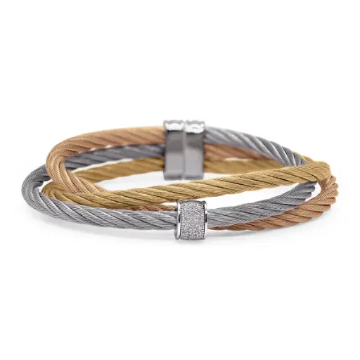 [04-46-3973-11] 14Kt White Gold Rose, Grey, And Yellow Nautical Cable Cuff Bracelet With (16) Round Diamonds Weighing 0.08cttw