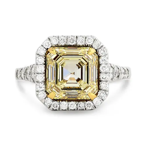 [R45967] Halo Style Ring With An Asscher Cut Yellow Diamond Weighing 4.05ct And (35) Round Diamonds Weighing 0.50ct in Platinum And 18Kt Yellow Gold