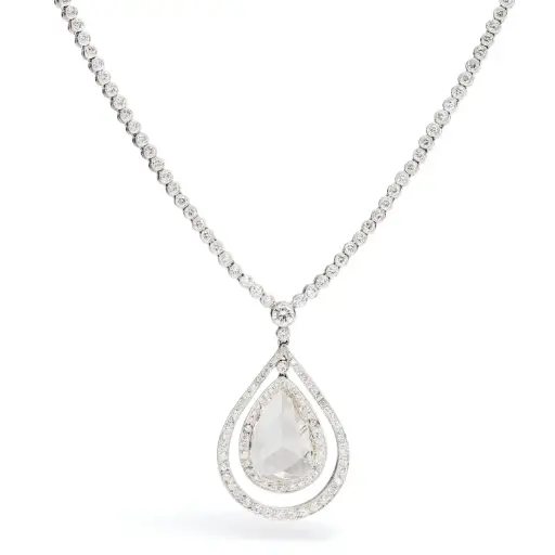[N52611.8] Diamond Pendant Necklace With A Rose Cut Pear Shaped Diamond Weighing 2.30ct, A Rose Cut Oval Diamond Weighing 0.25ct, And Round Diamonds Weighing 3.00ct In Platinum