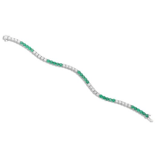 [B55629.3] Line Bracelet With (26) Round Emeralds Weighing 3.80ct And (25) Round Diamonds Weighing 3.48ct In 14Kt White Gold
