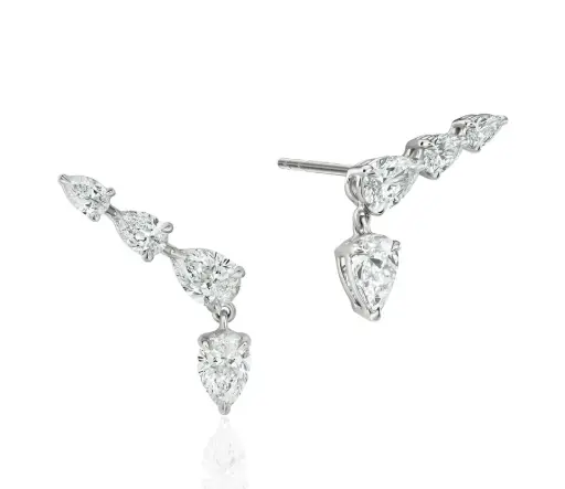 [E0069DPT] 18Kt White Gold And Platinum Climber Earrings With (8) Pear Shaped Diamonds Weighing 1.71cttw