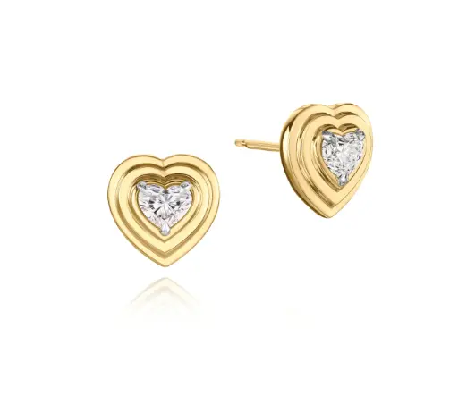 Storied Layered Heart Studs With (2) Heart Shaped Diamonds Weighing 0.60cttw In Platinum And 18Kt Yellow Gold