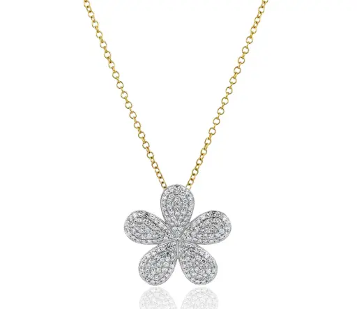 [N2603DY] Symphony Forget Me Not Pave Flower Necklace With (186) Round Diamonds Weighing 0.95cttw In 14Kt Yellow Gold
