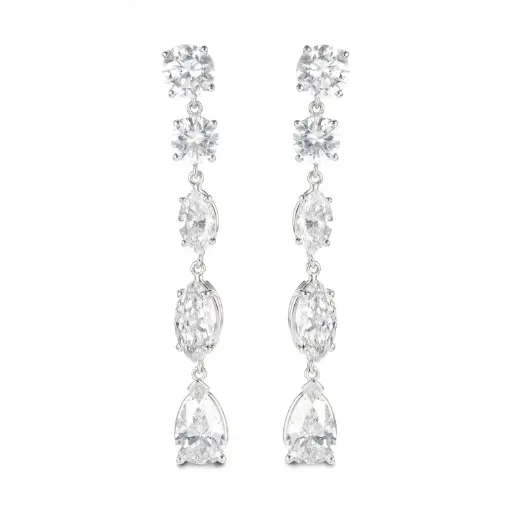 [E64776.7] Dangle Earrings With Marquise, Round, And Pear Shaped Diamonds Weighing 6.57cttw In 14Kt White Gold