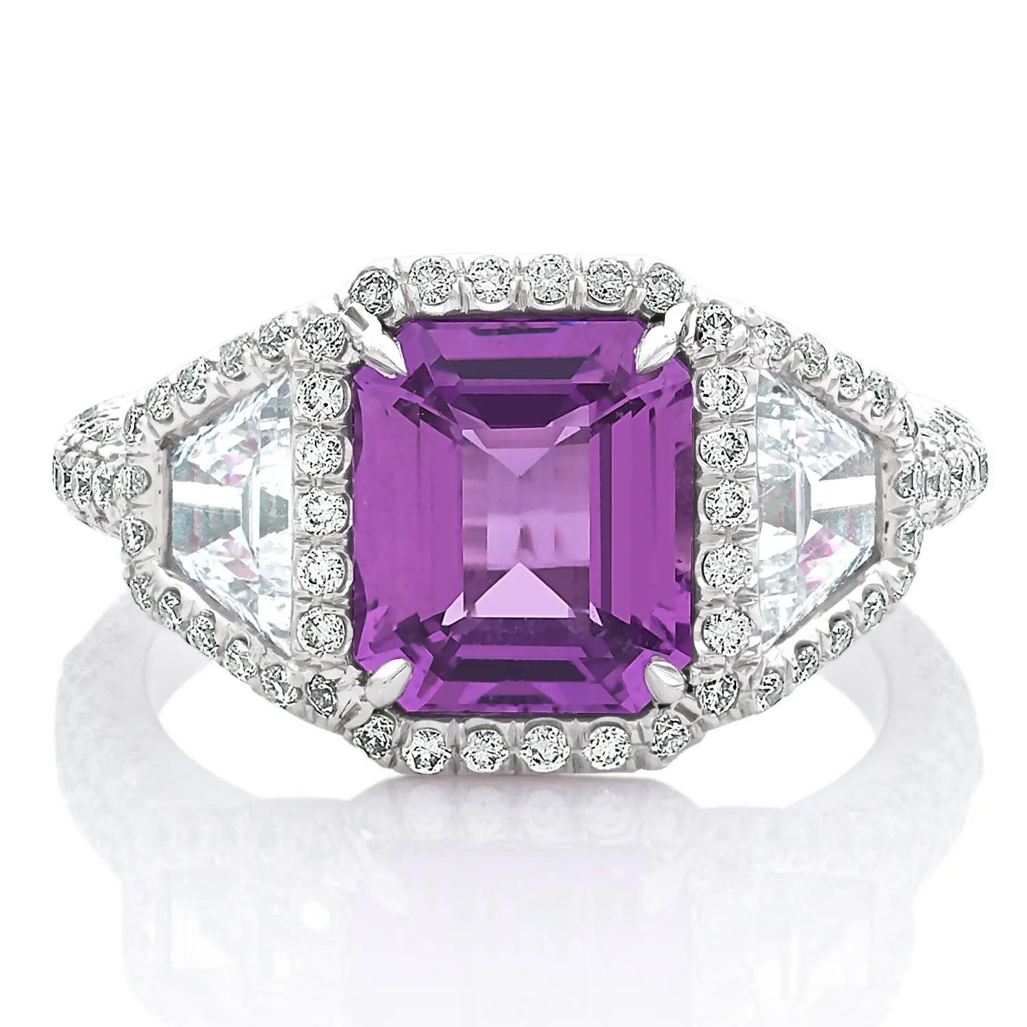Three Stone Style Halo Ring With A Pink/Purple Sapphire