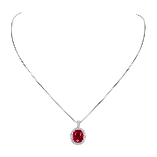 [P78106.1] Halo Style Necklace With A Cushion Cut Ruby Weighing 3.56ct And Round/Baguette Diamonds Weighing 0.50ct In Platinum