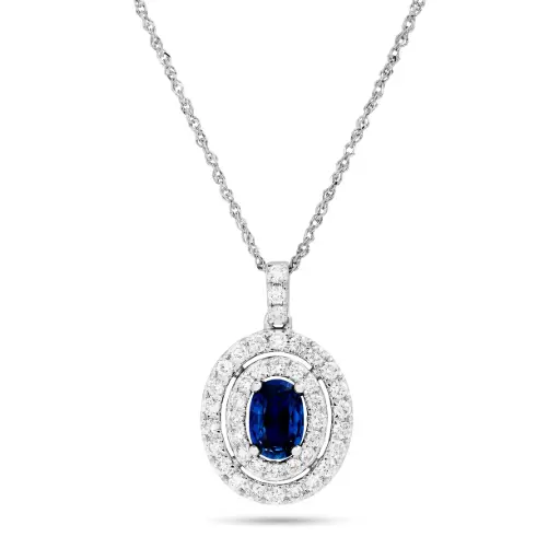 [P79716] Double Halo Necklace With A Pear Shaped Sapphire Weighing 0.63ct And (43) Round Diamonds Weighing 0.58ct In 14Kt White Gold
