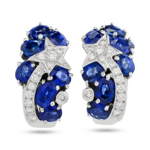 [E80654A] Comet Earrings With (14) Oval Sapphires Weighing 7.00ct And (28) Round Diamonds Weighing 0.50ct In 18Kt White Gold