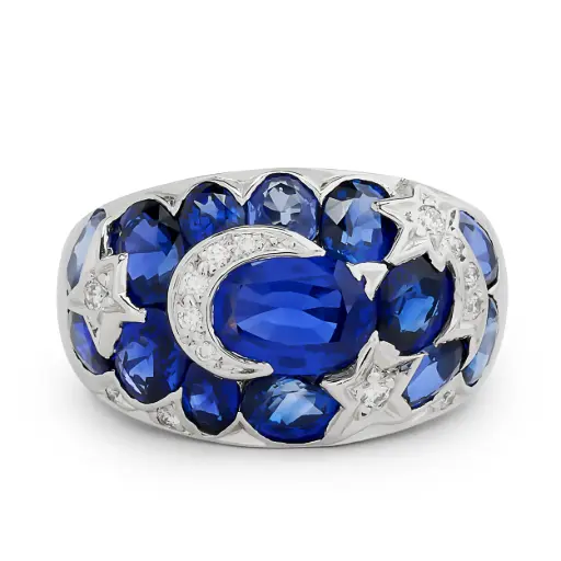 [R80654B] Comet Ring With (14) Oval Sapphires Weighing 7.00ct And (20) Round Diamonds Weighing 0.25ct In 18Kt White Gold