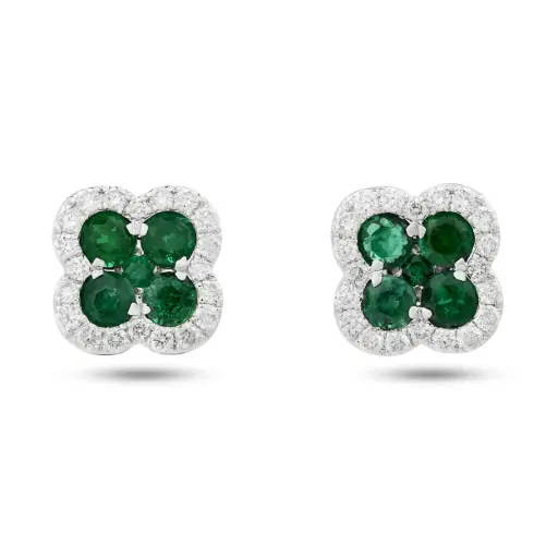 [E80791.1] Clover Stud Earrings With (10) Round Emeralds Weighing 0.85ct And (40) Round Diamonds Weighing 0.40ct In 14Kt White Gold