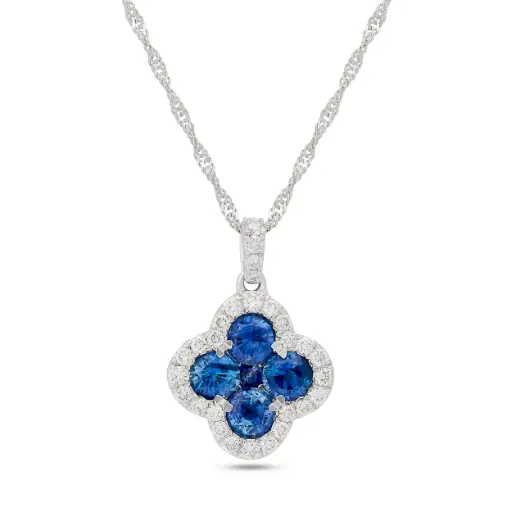 [P80798] Clover Necklace With (5) Round Sapphires Weighing 1.50ct And (28) Round Diamonds Weighing 0.40ct In 14Kt White Gold