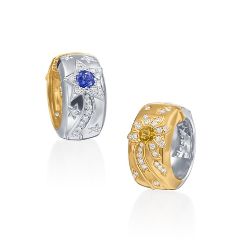 [E17050.1] Hoop Earrings With (2) Blue Sapphires Weighing 0.92ct, (2) Yellow Sapphires Weighing 0.70ct, And (104) Round Diamonds Weighing 1.30ct In 18Kt White And Yellow Gold