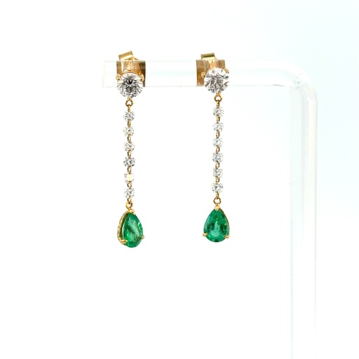 [6829-7] Dangle Earrings With (2) Pear Shaped Emeralds Weighing 1.04ct And (56) Round Diamonds Weighing 1.21ct In 18Kt Yellow Gold
