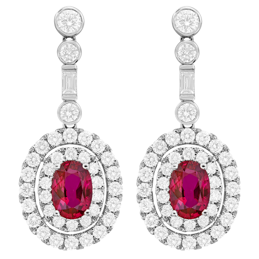 [E27926-R] Halo Style Drop Earrings With (2) Oval Rubies Weighing 3.02ct, (74) Round And (2) Baguette Diamonds Weighing 2.78ct In 18Kt White Gold