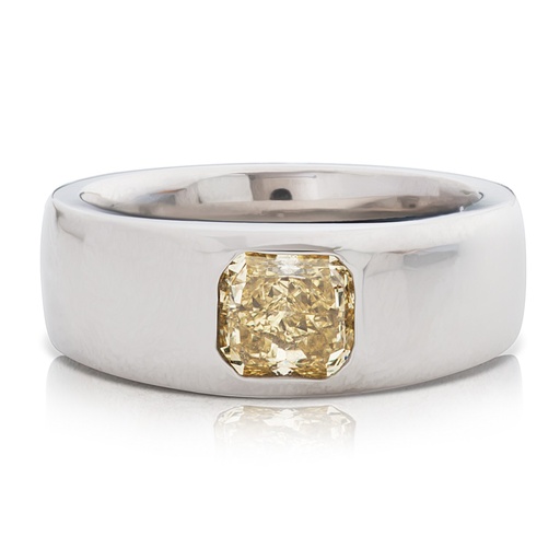 [R71238.2] Platinum Band With A Burnished Set Radiant Yellow Diamond Weighing 1.41ct