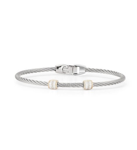 [04-33-S927-11] 14Kt Yellow Gold Grey Nautical Cable Two Barrel Station Bracelet With (16) Round Diamonds Weighing 0.13cttw