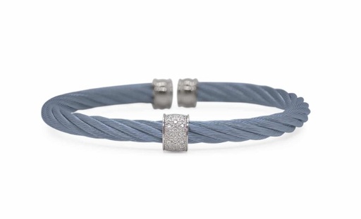 [04-64-3913-11] 14Kt White Gold Island Blue Nautical Cable Barrel Station Bracelet With (16) Round Diamonds Weighing 0.13cttw