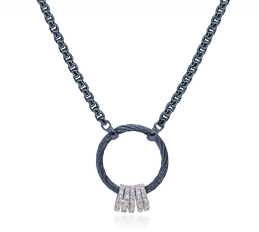 [08-28-5335-11] 14Kt White Gold Blueberry Nautical Cable And Chain Circle Necklace With Round Diamonds Weighing 0.30cttw